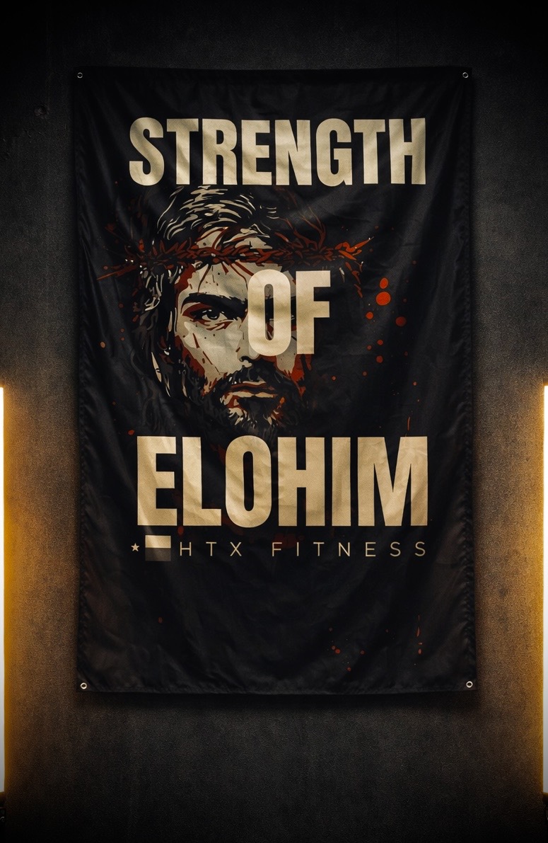 HTX Fitness Co. gym flag hanging in a training space