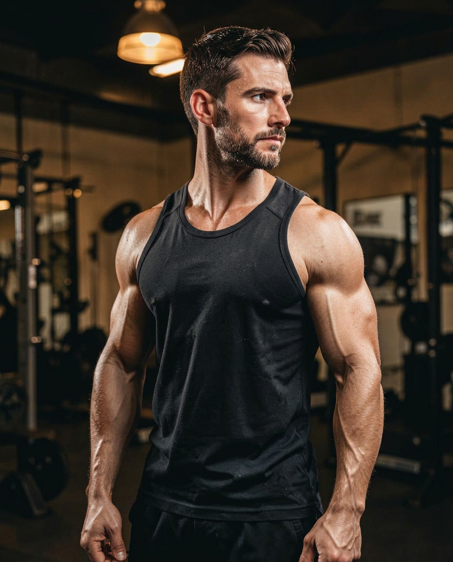 Model wearing the HTX Training Tank in the gym
