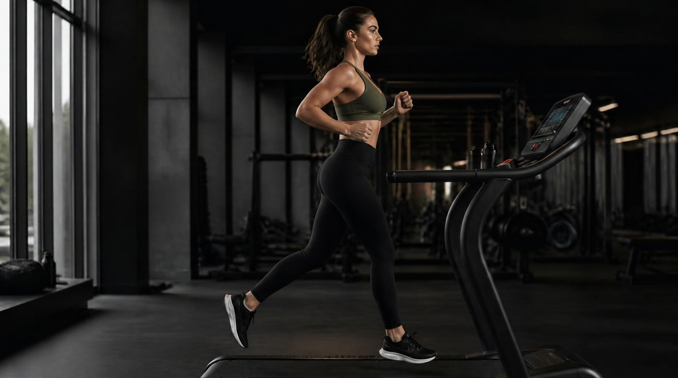 Female athlete running on a treadmill in HTX Fitness Co. women's performance set