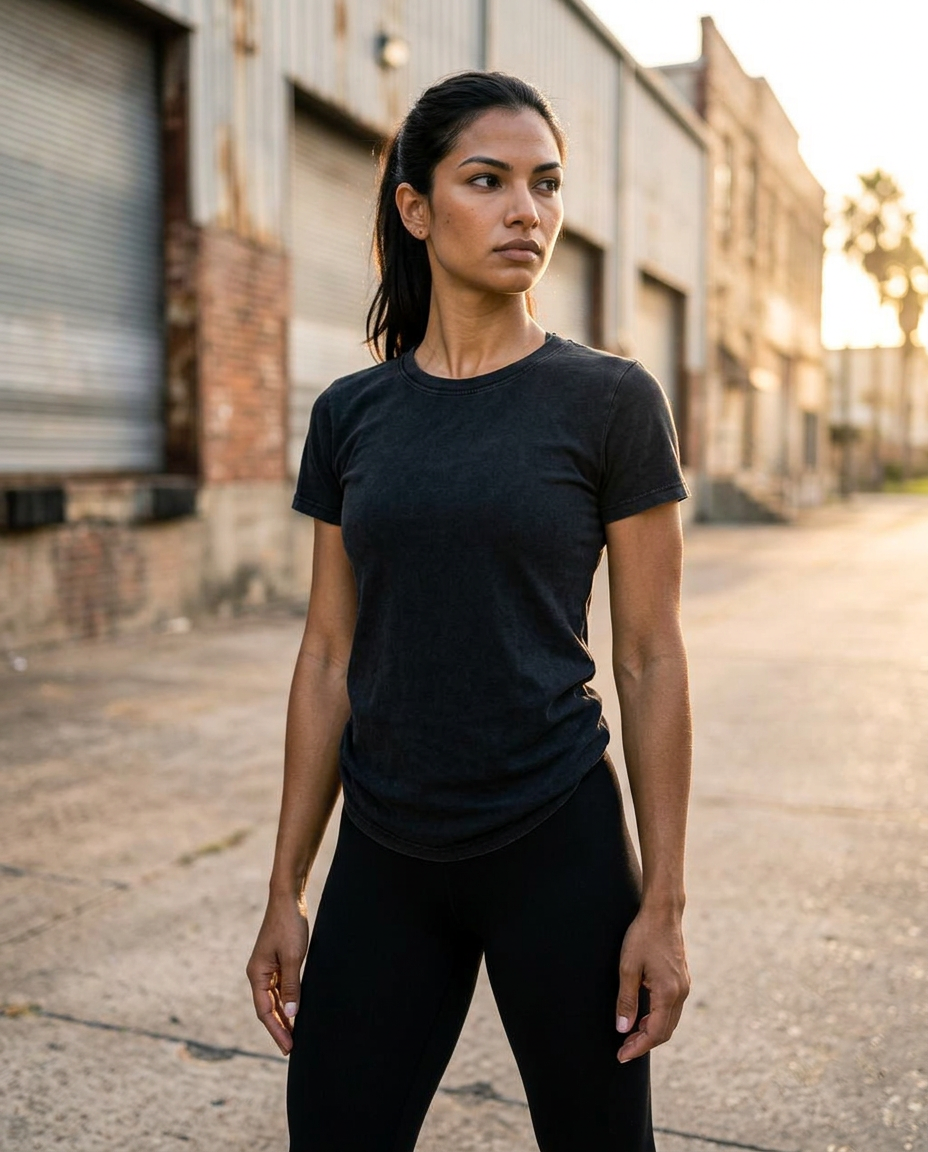 Athlete in a washed black women's training tee